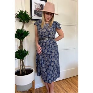 Navy Blue Floral Vintage Silk Midi Dress